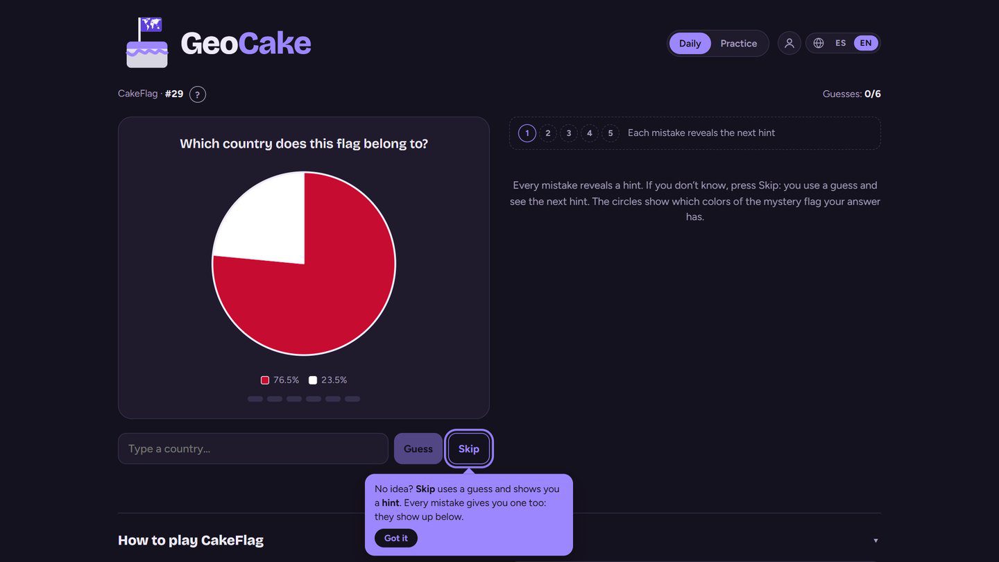 CakeFlag 国旗问答页面,国家名输入框与六次猜测机会提示