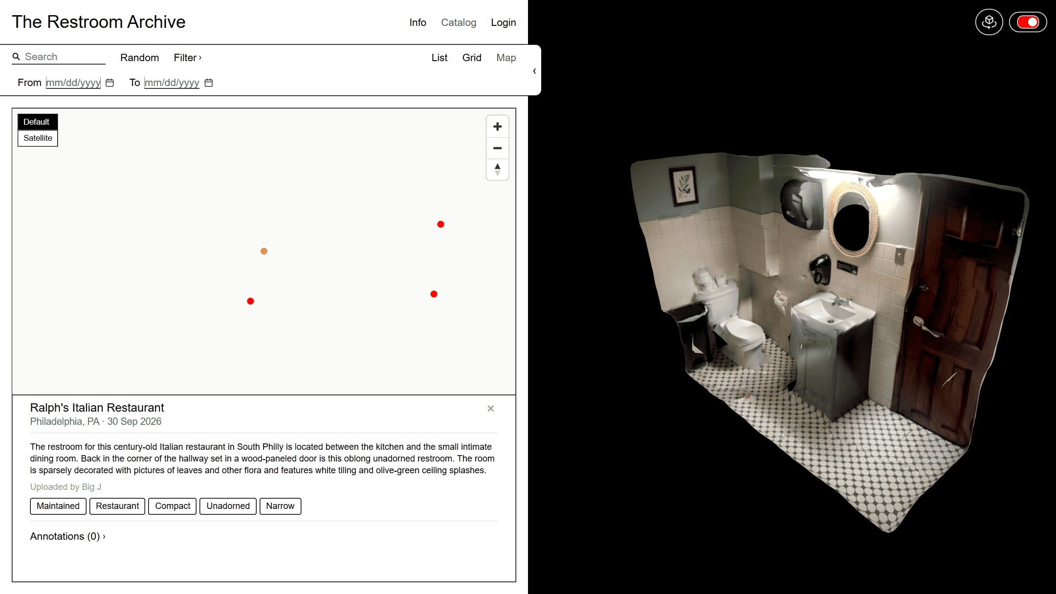 The Restroom Archive 地图视图,红点标记已收录的公厕位置